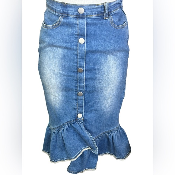 Hayden denim ruffle hem snap front skirt size small mermaid blue - Picture 3 of 9